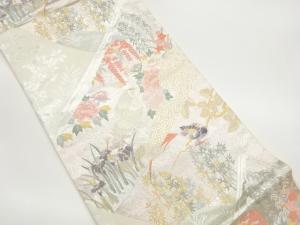 鶴に花々模様織出し袋帯